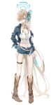  12xiaopumpit29 1girl absurdly_long_hair absurdres alternate_costume alternate_hairstyle asuna_(blue_archive) blonde_hair blue_archive blue_bra blue_eyes blue_halo blue_jacket blue_ribbon boots bra bra_visible_through_clothes breasts brown_boots cleavage commentary cowboy_boots denim denim_shorts dog_tags grin hair_over_one_eye hair_ribbon halo hand_on_own_hip highres jacket knee_boots large_breasts long_hair looking_at_viewer mole mole_on_breast navel open_clothes open_fly open_jacket open_shorts ribbon short_shorts shorts side_ponytail single_bare_shoulder smile solo stomach tank_top thigh_boots underwear very_long_hair white_tank_top 
