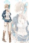  12xiaopumpit29 1girl absurdly_long_hair absurdres alternate_costume alternate_hairstyle asuna_(blue_archive) blonde_hair blue_archive blue_bra blue_eyes blue_halo blue_jacket blue_ribbon boots bra bra_visible_through_clothes breasts brown_boots cleavage commentary cowboy_boots denim denim_shorts dog_tags grin hair_over_one_eye hair_ribbon halo hand_on_own_hip highres jacket knee_boots large_breasts long_hair looking_at_viewer mole mole_on_breast navel open_clothes open_fly open_jacket open_shorts ribbon short_shorts shorts side_ponytail single_bare_shoulder smile solo stomach tank_top thigh_boots underwear very_long_hair white_tank_top zoom_layer 