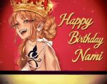  1girl arm_tattoo back backless_dress backless_outfit bare_shoulders billboard birthday blush character_name commentary commission crown dress earrings english_commentary eris21471224 eyelashes from_side glint gradient_background hair_up halterneck happy_birthday highres jewelry lips long_hair meme nami_(one_piece) one_piece open_mouth orange_eyes orange_hair pearl_earrings pink_lips red_background shoulder_tattoo sidelocks smile solo string_of_pearls tattoo teeth upper_body upper_teeth_only veil_(manga) veil_scene_14_redraw_(meme) wavy_hair white_dress 