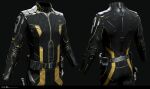  3d absurdres amarr_empire_(eve_online) belt black_bodysuit blender_(medium) bodysuit clothes_focus commentary company_logo copyright_logo copyright_name cowboy_shot dark_background dated english_commentary eve_online from_behind grey_background grey_belt gun handgun highres holster holstered logo long_sleeves marmoset_toolbag_(medium) maya_(medium) multiple_views no_humans official_art photorealistic realistic science_fiction thigh_holster undoz weapon yellow_trim zbrush_(medium) 