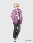  1boy alien_stage anakt_arts_high_school_uniform_(fading_youth) bag black_pants blonde_hair closed_mouth collared_shirt colored_eyelashes contrast_collar full_body half-closed_eyes highres hood hoodie luka_(alien_stage) male_focus open_clothes open_hoodie pants purple_hoodie school_uniform shirt short_hair signature solo very_short_hair wei_cong_dan_hua white_shirt yellow_eyes 