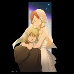  1boy 1girl absurdres black_shirt blonde_hair blue_eyes cherry_(cytus) choker closed_eyes closed_mouth cytus cytus_ii dated dress earrings highres hug jewelry long_hair long_sleeves low_ponytail ponytail red_choker red_hair ring shirt short_hair simon_jackson smile strapless strapless_dress thy_tin turtleneck turtleneck_shirt veil wedding_dress wedding_ring white_dress 
