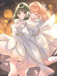  2girls 6th_live_dream_~bloom_garden_party~ ^_^ absurdres black_hair blurry blush bokeh cerise_bouquet closed_eyes closed_mouth commentary depth_of_field dress feet_out_of_frame frilled_dress frills green_eyes highres hikari_no_naka_de_hana_saite hinoshita_kaho hug hug_from_behind love_live! love_live!_hasu_no_sora_jogakuin_school_idol_club love_live!_hasu_no_sora_jogakuin_school_idol_club_bloom_garden_party medium_hair momose_ginko multiple_girls nekomaru_nisei orange_background orange_hair short_hair simple_background smile speech_bubble white_dress 