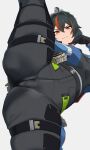  1girl absurdres ahoge black_gloves black_hair breasts cameltoe commentary_request frown gloves hair_intakes high-waist_pants highres medium_breasts multicolored_hair nohohon_pictures orange_eyes orange_hair pants short_hair skin_tight skindentation solo split standing standing_on_one_leg standing_split streaked_hair sweatdrop thigh_strap tight_clothes tight_pants two-tone_hair wavy_mouth zenless_zone_zero zhu_yuan 