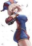  1girl absurdres bare_legs blonde_hair breasts caiman_pool cowboy_shot dress from_side gloves grin gun hair_ribbon handgun hat highres holding holding_gun holding_weapon jester_cap jester_costume lizzie_freeman lycoris_recoil m1911 nishikigi_chisato pomni_(the_amazing_digital_circus) red_eyes red_gloves red_ribbon ribbon short_hair simple_background smile solo the_amazing_digital_circus two-tone_dress two-tone_hat voice_actor_connection weapon white_background 