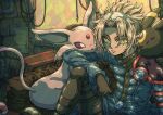  1boy :3 black_fur blonde_hair blue_coat closed_eyes closed_mouth coat espeon eyewear_on_head forehead_jewel forked_tail gloves highres indoors jacket onamuzi_illust pants pink_fur poke_ball poke_ball_(basic) pokemon pokemon_(creature) pokemon_colosseum purple_eyes short_hair sitting sweatdrop tail umbreon wes_(pokemon) wire yellow_eyes 