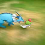  absurdres black_sclera chasing colored_sclera colored_skin commentary english_commentary fangs fins grass head_fins highres imminent_attack imminent_bite indoors khyle. motion_blur motion_lines multiple_others no_humans open_mouth outdoors pokemon pokemon_(creature) ralts running tail tongue tongue_out vaporeon white_skin 