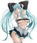  aqua_eyes aqua_hair armpits arms_up blush breasts cleavage covered_nipples detached_sleeves hatsune_miku hips ke-lions_so large_breasts long_hair necktie simple_background skirt solo thighhighs twintails underboob very_long_hair vocaloid zettai_ryouiki 