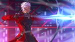  1boy absurdres amadisoto archer_(fate) archer_(honkai:_star_rail)_(fate) arrow_(projectile) bow_(weapon) caladbolg_(fate) coat commentary dark-skinned_male dark_skin drawing_bow fate/stay_night fate/unlimited_blade_works fate_(series) highres holding holding_arrow holding_bow_(weapon) holding_weapon honkai:_star_rail honkai_(series) jacket male_focus quiver red_coat red_jacket solo spiked_hair weapon white_hair 