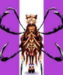  1girl 6chimomai absurdres adapted_costume arthropod_girl arthropod_limbs blonde_hair boots bow brown_boots brown_bow brown_dress brown_pantyhose closed_mouth commentary_request dress extra_eyes fangs full_body hair_bow hair_bun highres kurodani_yamame long_sleeves looking_at_viewer monster_girl orange_eyes pantyhose purple_background skin_fangs smile solo spider_girl touhou two-tone_background white_background 