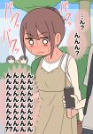  1boy 3girls :> animal backpack bag bare_arms bare_shoulders blush brown_dress brown_hair can closed_mouth day dog dress full-face_blush grey_shirt handbag holding holding_can juukyuu multiple_girls o_o original outdoors ponytail shirt short_sleeves shoulder_bag sleeveless sleeveless_dress sleeveless_shirt solid_circle_eyes sweat translation_request tree v-shaped_eyebrows wavy_mouth white_shirt 