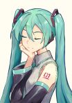  1girl aqua_hair aqua_necktie aqua_trim black_sleeves breasts closed_eyes colored_eyelashes commentary detached_sleeves grey_shirt hair_between_eyes hair_ornament hand_up hatsune_miku head_on_hand highres long_hair mirlo2hu necktie number_tattoo shirt shoulder_tattoo sidelocks simple_background sleeveless sleeveless_shirt small_breasts smile solo split_mouth tattoo upper_body vocaloid white_background wing_collar 