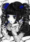  1girl absurdres averting_eyes black_eyes black_shirt blue_eyeshadow blue_flower blue_lips blue_nails blunt_bangs close-up commentary contrast_collar cosmetics cxxtipede english_commentary eyeshadow fingernails flower frilled_shirt_collar frills gothic_lolita hair_flower hair_ornament hands_up hat hat_flower highres holding holding_lipstick_tube jewelry layered_sleeves lipstick_tube lolita_fashion long_fingernails long_hair long_sleeves lying makeup on_stomach original parted_lips procreate_(medium) ring ringlets runny_makeup shirt short_over_long_sleeves short_sleeves sidelocks simple_background solo twintails white_background white_sleeves 