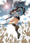  1girl adapted_costume arm_ribbon bare_legs bare_shoulders black_hair black_skirt black_sleeves blue_sky boots breasts clenched_hand cloud cloudy_sky commentary_request crop_top detached_sleeves earrings final_fantasy final_fantasy_vii fingerless_gloves floating floating_hair from_side full_body gloves grin jewelry jumping knee_boots large_breasts legs long_hair looking_at_viewer low-tied_long_hair mangakakuhito miniskirt open_hand outdoors outstretched_arm parted_lips punching red_gloves red_ribbon ribbon rock skirt sky smile solo sun suspender_skirt suspenders tank_top thighs tifa_lockhart white_tank_top 