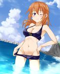  bad_id bad_pixiv_id bikini blue_eyes blush breasts brown_hair charlotte_e_yeager cleavage groin kuronyan large_breasts long_hair navel ocean one_eye_closed pulled_by_self solo strike_witches swimsuit swimsuit_pull wading water world_witches_series 