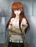  :o belt breasts brown_hair collarbone crossed_arms grey_eyes haku_(sinsifuku2) highres long_hair looking_at_viewer makise_kurisu medium_breasts nipple_slip nipples open_clothes open_mouth open_shirt shirt solo steins;gate 