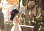  1boy 1girl beard clothing_request day dress facial_hair hair_ribbon half_updo highres juminhaw777 long_hair long_sleeves mouse_(animal) original outdoors red_ribbon ribbon sleeveless sleeveless_dress tagme turban white_dress white_turban 