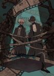 1other 2boys ahoge aqua_background black_eyes black_hair blood braid braided_ponytail closed_mouth collared_shirt colored_blood commentary_request crossed_bangs dark-skinned_male dark_skin death film_strip green_blood hair_between_eyes highres ice_god_(jimini_shijimi) jacket jacket_on_shoulders japanese_clothes jimini_shijimi long_hair long_skirt long_sleeves looking_at_another multiple_boys open_mouth original pleated_skirt shirt short_hair skirt smile tail tentacles very_long_tail white-haired_man_(jimini_shijimi) white_hair white_shirt wide_sleeves 