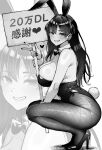  1girl animal_ear_hairband animal_ears bare_shoulders bow bowtie breasts commentary_request detached_collar ear_piercing english_text fake_animal_ears fake_tail fishnet_pantyhose fishnets from_side greyscale grin hairband high_heels holding holding_sign konata_(kankin_jk) large_breasts leotard long_hair milestone_celebration mishiranu_joshikousei_ni_kankin_sareta_mangaka_no_hanashi monochrome no_mask pantyhose piercing playboy_bunny rabbit_ear_hairband rabbit_ears rabbit_tail ryouma_(galley) sign smile squatting strapless strapless_leotard tail translation_request zoom_layer 
