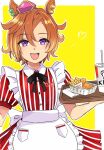  1girl animal_ears apron black_bow blush bow breasts chicken_(food) commentary_request crown cup disposable_cup dress employee_uniform fast_food_uniform food french_fries fried_chicken hair_between_eyes holding holding_tray horse_ears horse_girl kfc looking_at_viewer open_mouth orange_hair pink_crown purple_eyes red_dress sgo_sgo short_hair smile solo striped_clothes striped_dress t.m._opera_o_(umamusume) teeth tray umamusume upper_teeth_only vertical-striped_clothes vertical-striped_dress white_apron 