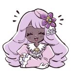  1girl :d ascot commentary_request crossed_arms dark-skinned_female dark_skin dress fascinator frilled_ascot frills gloves jacinthe_(pokemon) kino_haruc long_hair looking_at_viewer open_mouth pokemon pokemon_legends:_z-a purple_dress purple_hair simple_background smile solo upper_body white_ascot white_background white_gloves 