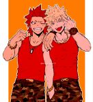  2boys arms_on_another's_shoulder bakugou_katsuki belt blonde_hair boku_no_hero_academia border camouflage camouflage_pants commentary_request dog_tags grin highres jewelry kirishima_eijiro looking_at_viewer male_focus meeco middle_finger multiple_boys necklace orange_background outline pants pillarboxed red_eyes red_hair red_tank_top sharp_teeth short_hair simple_background smile spiked_hair standing straight-on tank_top teeth tongue tongue_out twitter_username watch white_border white_outline wristwatch 