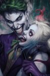  1boy 1girl abstract_background batman_(series) bell black_choker blonde_hair blue_eyes bow bowtie choker comic_cover commentary cover cover_page crowbar dc_comics ear_piercing earrings english_commentary evil_grin evil_smile gloves green_bow green_bowtie green_eyes green_hair grin harley_quinn highres holding holding_crowbar hug jacket jewelry joker_(dc) neck_bell open_mouth piercing purple_gloves purple_jacket shirt short_hair smile stanley_lau teeth textless_cover_page textless_version tongue yellow_shirt 