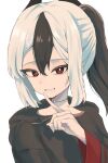  1girl 966_kururu_966 absurdres black_choker black_hair black_hoodie blue_archive bright_pupils choker commentary demon_girl demon_horns double-parted_bangs grin hair_between_eyes hand_up highres hood hood_down hoodie horns index_finger_raised kayoko_(blue_archive) long_hair long_sleeves looking_at_viewer multicolored_hair ponytail red_eyes simple_background smile solo tsurime two-tone_hair upper_body white_background white_hair white_pupils wide_sleeves 