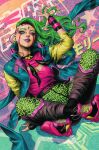  1girl abstract_background batman_(series) black_socks blue_eyes blue_jacket breasts character_name cleavage comic_cover commentary cover cover_page dc_comics english_commentary face_piercing green_hair heterochromia highres jacket long_hair looking_at_viewer miracle_molly multicolored_jacket nose_piercing official_art pants piercing pink_eyes pink_shirt print_pants shirt shoes sitting sneakers socks solo stanley_lau tattoo textless_cover_page textless_version 