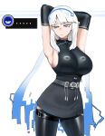  ... 1girl armpit_crease armpits belt black_gloves black_shirt black_thighhighs black_undershirt blue_eyes blue_hair blue_hairband breasts closed_mouth colored_eyelashes commentary digital_hair elbow_gloves english_commentary fairy_(zenless_zone_zero) gloves grey_belt grey_skirt hairband hakiru_(hakiruchan) highres large_breasts long_hair miniskirt mole mole_on_armpit pencil_skirt personification presenting_own_armpit raised_eyebrow shirt sideboob skirt sleeveless sleeveless_shirt solo thigh_belt thigh_strap thighhighs very_long_hair white_background white_hair zenless_zone_zero 