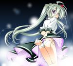  ahoge ass colorized einhart_stratos green_hair heterochromia long_hair lyrical_nanoha mahou_shoujo_lyrical_nanoha_vivid ogura_shuuichi panties purple_eyes side-tie_panties skirt skirt_lift solo twintails underwear 