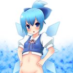  adapted_costume alternate_hairstyle bad_id bad_pixiv_id blue_eyes blue_hair blush bottomless cirno groin hair_up hands_on_hips nase navel ponytail short_hair solo touhou wings 