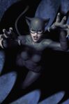  1girl batman_(series) black_bodysuit bodysuit breasts catsuit catwoman commentary dc_comics derivative_work english_commentary fake_claws green_eyes highres looking_at_viewer open_mouth reaching reaching_towards_viewer signature solo stanley_lau teeth 