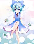  barefoot blue_eyes blue_hair bow cirno dress frog frozen frozen_frog hair_bow hat ice neck_ribbon pyonta ribbon shichinose smile solo touhou wings 