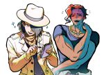  2boys black_hair black_shirt brown_hat brown_jacket coat collared_shirt commentary_request daisy_(flower) danganronpa_(series) danganronpa_another dark-skinned_male dark_skin embarrassed firefighter flower hair_over_one_eye hat highres holding holding_notepad holding_pen jacket jewelry kasai_shinji korean_commentary long_sleeves male_focus multiple_boys necklace notepad one_eye_closed open_mouth pants pen plant pock5766 red_hair scarf shirt short_hair short_sleeves smile sparkle super_danganronpa_another_2 sweat teeth trench_coat vest vines white_shirt yomiuri_nikei 