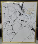  1girl absurdres ahoge ass blue_archive blush bow breasts comiket_108 commentary_request cowboy_shot embarrassed from_behind hair_bow halo highres hina_(blue_archive) hina_(swimsuit)_(blue_archive) horns long_hair looking_at_viewer looking_back low_wings monochrome multiple_horns name_tag official_alternate_costume old_school_swimsuit one-piece_swimsuit parted_bangs peanut_mouth photoshop_(medium) school_swimsuit shikishi signature small_breasts solo sonoda_345 swimsuit traditional_media translated very_long_hair wings 