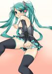  aqua_eyes aqua_hair bad_id bad_pixiv_id blush detached_sleeves hatsune_miku highres long_hair looking_back lying necktie panties reona skirt solo striped striped_panties thighhighs twintails underwear vocaloid 