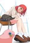  1girl 1other absurdres ahoge black_skirt blush bocchi_the_rock! bow brown_shoes chair commentary cube_hair_ornament from_below full_body gotoh_hitori gotoh_hitori_(tsuchinoko) green_eyes hair_ornament highres kita_ikuyo looking_at_viewer pleated_skirt red_bow red_hair school_uniform shoes shuka_high_school_uniform side_ahoge sim_evo simple_background sitting skirt socks solo_focus thighs tsuchinoko upskirt white_socks 
