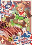  1girl 5boys american_flag american_flag_print animal_ears armband bandana bandeau bare_shoulders blue_eyes blush breasts brown_gloves brown_hair cleavage colt_single_action_army commentary_request cooking cowboy_hat flag_print food gaijin_4koma_(meme) gloves green_armband green_bandeau green_skirt grilling gun hair_ornament hat hat_on_back highres holstered horse_ears horse_girl japanese_flag kafuki_fuka large_breasts long_hair meat meme midriff multiple_boys navel one_eye_closed open_mouth pickle ponytail red_bandana revolver sheriff_badge shirt skirt smile star_(symbol) star_hair_ornament taiki_shuttle_(umamusume) taiki_shuttle_(wild_frontier)_(umamusume) teeth thumbs_up umamusume upper_teeth_only weapon 