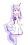  1girl absurdres animal_ears aqua_bow bow commentary_request feet_out_of_frame hand_on_own_chest highres holding_own_skirt horse_ears horse_girl horse_tail mejiro_mcqueen_(umamusume) pleated_skirt purple_eyes school_uniform shadow short_sleeves signature simple_background skirt smile solo standing summer_uniform tachibana_shiori_(suica_112) tail thighhighs tracen_school_uniform umamusume white_background white_thighhighs 