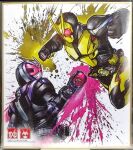  2boys antennae armored_bodysuit clenched_hands commentary_request compound_eyes hiden_zero-one_driver kamen_rider kamen_rider:_reiwa_the_first_generation kamen_rider_01_(series) kamen_rider_zero-one kamen_rider_zero-one_(rising_hopper) kamen_rider_zi-o kamen_rider_zi-o_(series) kuchibiru_keisuke looking_at_another male_focus multiple_boys official_art rider_belt scene_reference tokusatsu traditional_media ziku-driver 