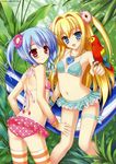  absurdres bikini bird blonde_hair blue_eyes blue_hair blush bracelet checkered checkered_bikini crease dengeki_moeou flower frilled_bikini frills goma_satoshi hair_flower hair_ornament hammock heart highres hips jewelry lace lace-trimmed_bikini legs long_hair multiple_girls navel open_mouth original parrot pendant print_bikini red_eyes scan smile striped striped_legwear swimsuit thighhighs twintails 