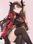  1girl absurdres aqua_eyes asymmetrical_legwear black_dress black_thighhighs blush breasts brown_hair closed_mouth commentary crossed_legs dress earrings fangai-anmian fate/stay_night fate_(series) gem highres honkai:_star_rail honkai_(series) hoop_earrings jacket jewelry large_breasts long_hair open_clothes open_jacket pantyhose red_gem red_jacket simple_background single_leg_pantyhose single_thighhigh sitting small_sweatdrop solo thighhighs tohsaka_rin tohsaka_rin_(honkai:_star_rail) uneven_legwear 
