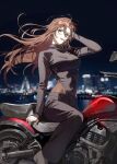  1girl arm_up blue_eyes breasts brown_hair city_lights cityscape commentary grey_pants grey_shoes grey_sweater hagiwara_chihaya hand_in_own_hair highres kuga_huna light_particles long_hair medium_breasts meitantei_conan motor_vehicle motorcycle night on_motorcycle pants parted_bangs parted_lips photo_background shoes sitting sleeves_past_wrists smile solo straddling sweater turtleneck turtleneck_sweater 
