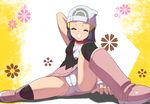  arms_behind_head beanie blue_hair boots cameltoe closed_eyes fat_mons hat hikari_(pokemon) makoto_daikichi open_mouth panties pantyshot pink_footwear pokemon pokemon_(anime) solo thighhighs underwear 