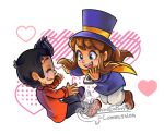  1boy 1girl a_hat_in_time ankle_boots black_hair blue_eyes blue_pants blush boots brown_boots brown_hair cape child closed_eyes commentary commission english_commentary facial_mark facing_another hat hat_kid hat_ribbon heart highres jacket long_sleeves looking_at_another medium_hair official_style open_hands open_mouth pants ponytail purple_hat purple_jacket red_jacket red_shoes ribbon shoes short_hair sidelocks signature smile snoweater teeth timmy_(a_hat_in_time) top_hat upper_teeth_only watermark white_background white_pants yellow_cape yellow_ribbon zipper_pull_tab 