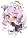  1girl @_@ absurdres animal_ears apron blush bow chibi chibi_only commentary_request cup ear_bow ears_down enmaided full_body green_bow highres horse_ears horse_girl horse_tail long_hair looking_at_viewer looking_back maid maid_headdress mejiro_mcqueen_(umamusume) nyorotono_(amafurashi) open_mouth puffy_short_sleeves puffy_sleeves purple_eyes purple_hair short_sleeves simple_background solo spoken_blush tail tail_wagging tea teacup tearing_up thighhighs thighs tray umamusume white_apron white_background white_thighhighs 