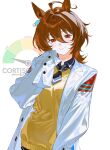  1girl absurdres agnes_tachyon_(tach-nology)_(umamusume) agnes_tachyon_(umamusume) ahoge animal_ears artist_name black_necktie blush brown_hair chemical_structure closed_mouth coat collared_shirt cortisol_level_(meme) earrings hair_between_eyes hand_up highres horse_ears horse_girl jewelry lab_coat long_sleeves looking_at_viewer medium_hair meme necktie open_clothes open_coat pantyhose red_eyes shirt short_hair short_necktie simple_background single_earring sleeves_past_fingers sleeves_past_wrists smile solo sweater sweater_vest theheavenpit umamusume upper_body white_background white_coat wolf_cut yellow_sweater yellow_sweater_vest 