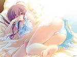  ahoge ass barefoot bed brown_hair carnelian fujita_nodoka highres legs long_hair one_eye_closed panties pantyshot para-sol sleepy solo underwear wallpaper white_panties 