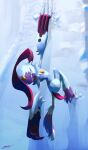  claws climbing commentary fang full_body glacier highres likey looking_down no_humans open_mouth pokemon pokemon_(creature) red_eyes signature sneasler snow solo 